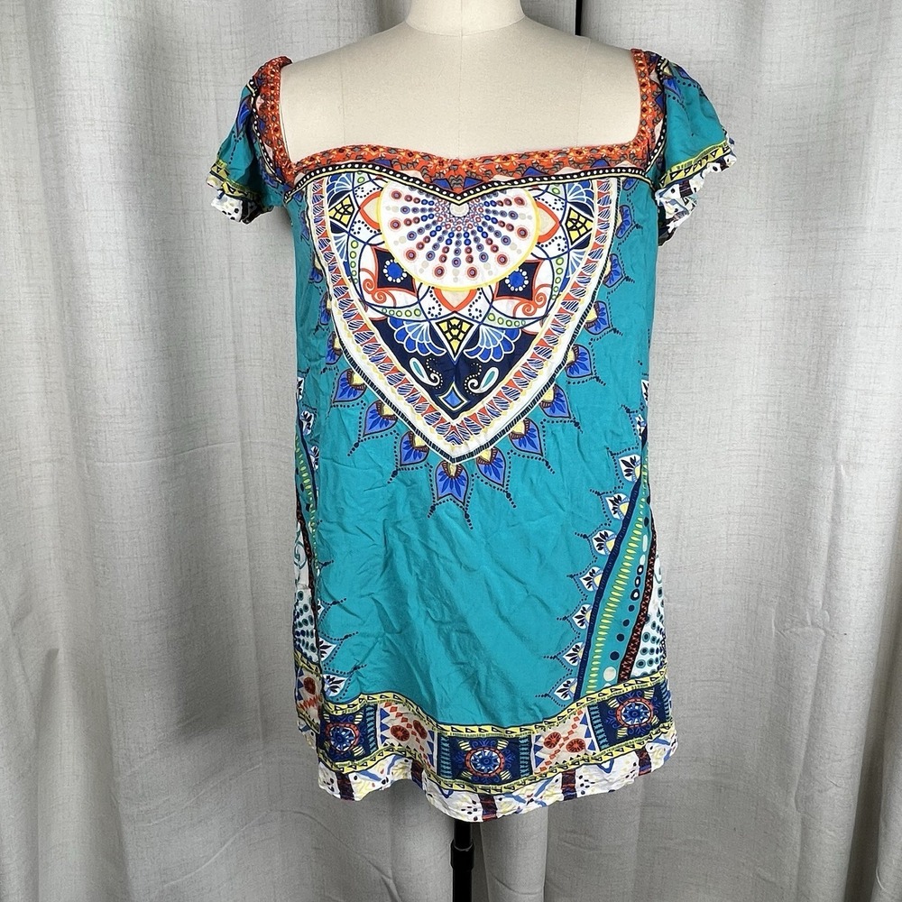 Flying Tomato Tunic Shift Dress Aqua Blue Bohemian Persian Cold Shoulder Medium